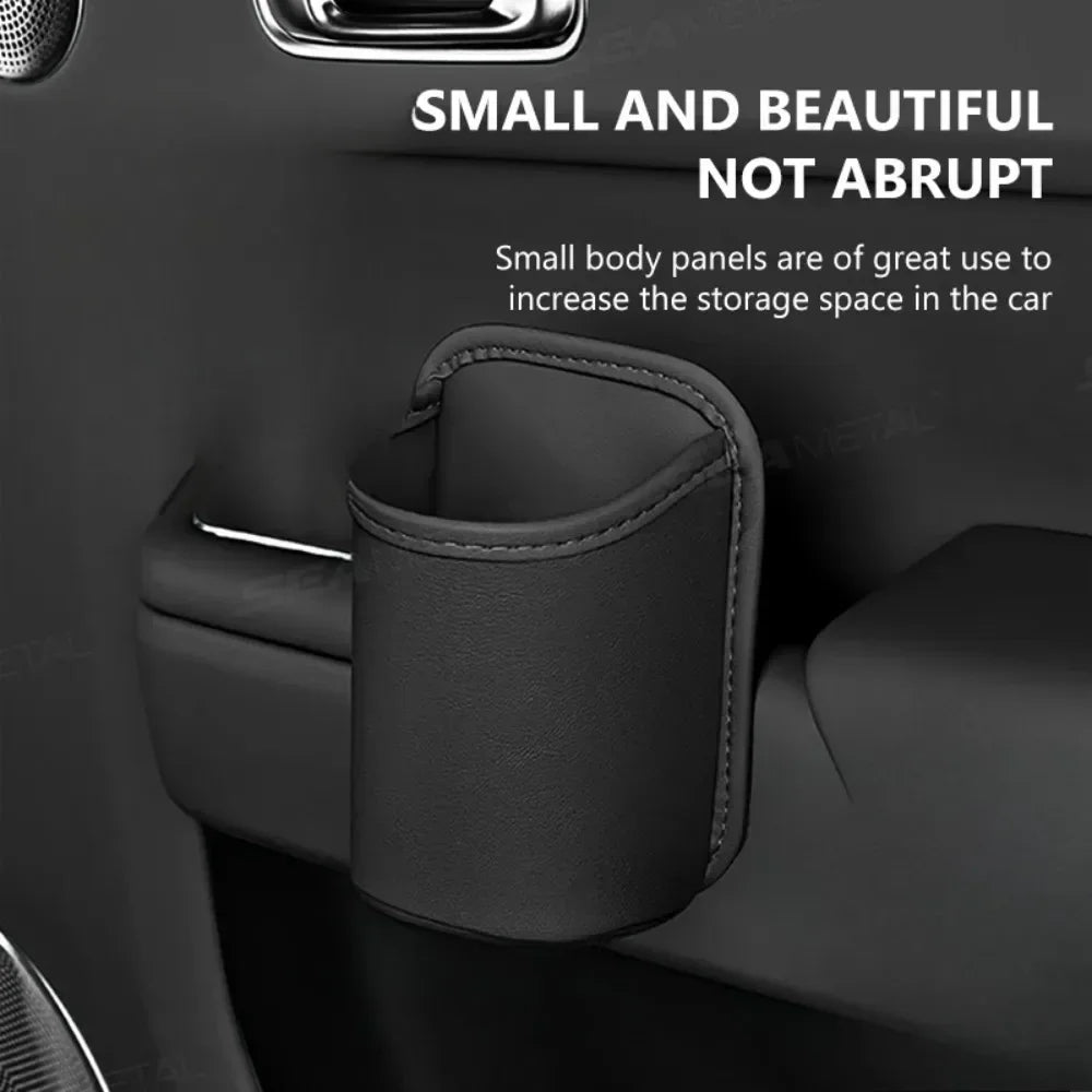 'Leather door pocket with back seat bin - holds cup and essentials. Fits most cars.'