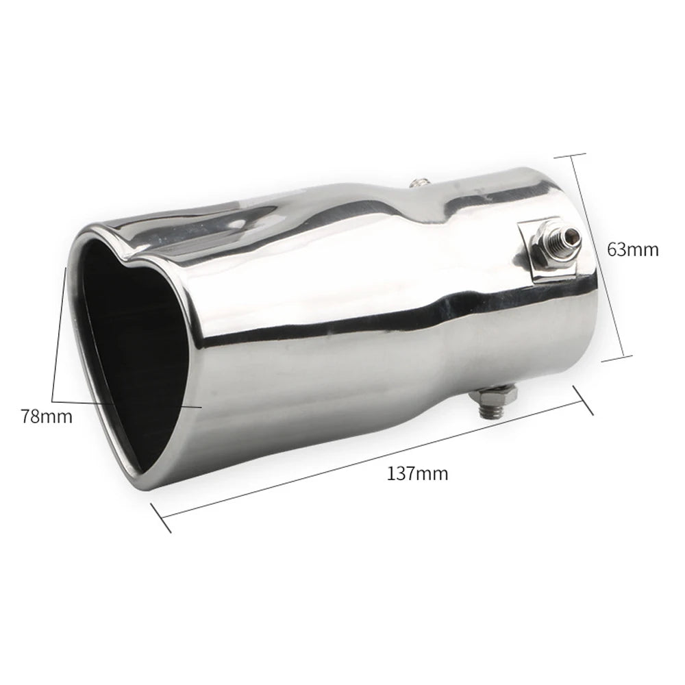 Heart-shaped muffler: stainless steel, fits most cars. Improves sound & style. Measure before buying. Universal fitment.