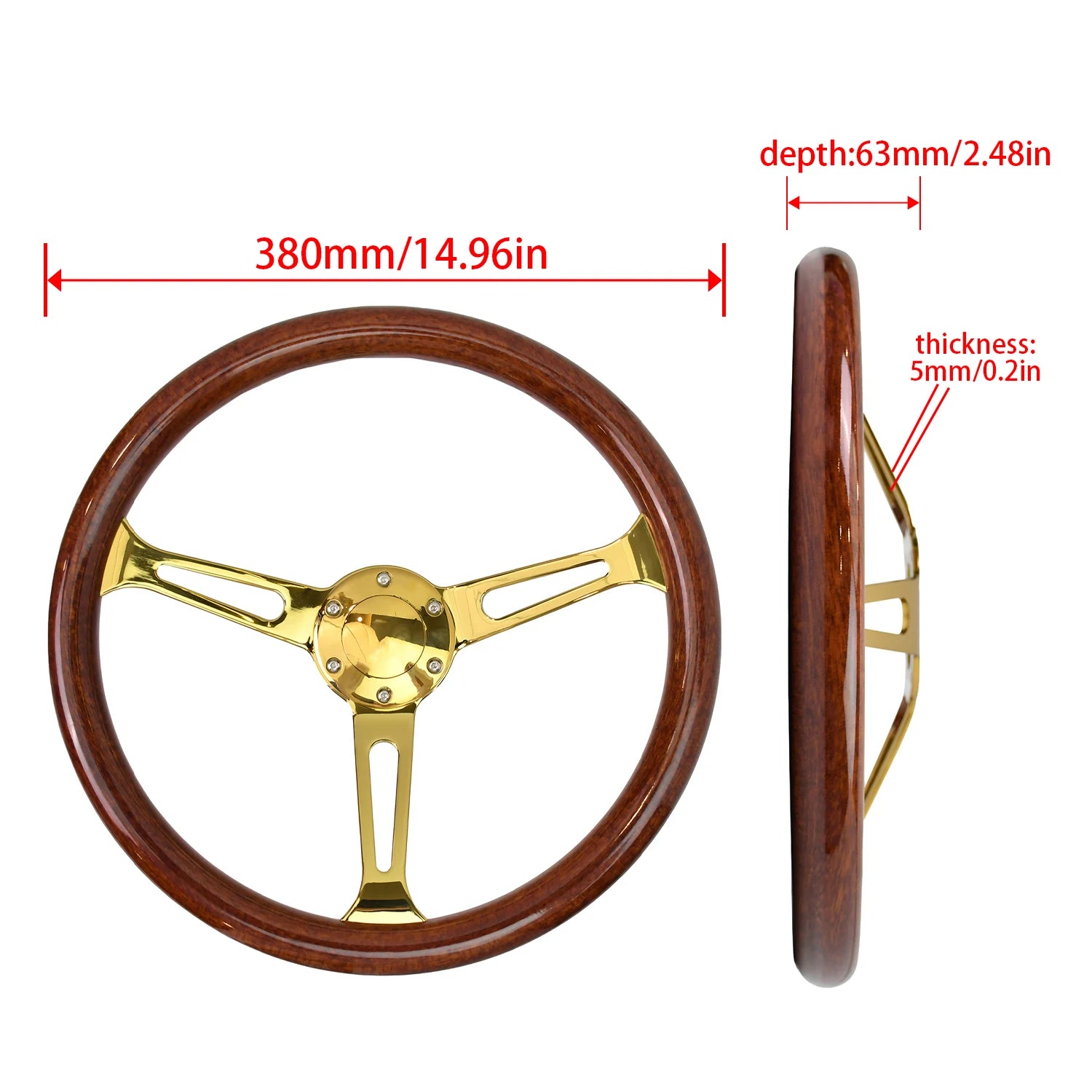 Custom wood steering wheel with gold-plated accents and brass spokes - retro-luxe fitment. Dimensions: 30cm diameter x 7cm de