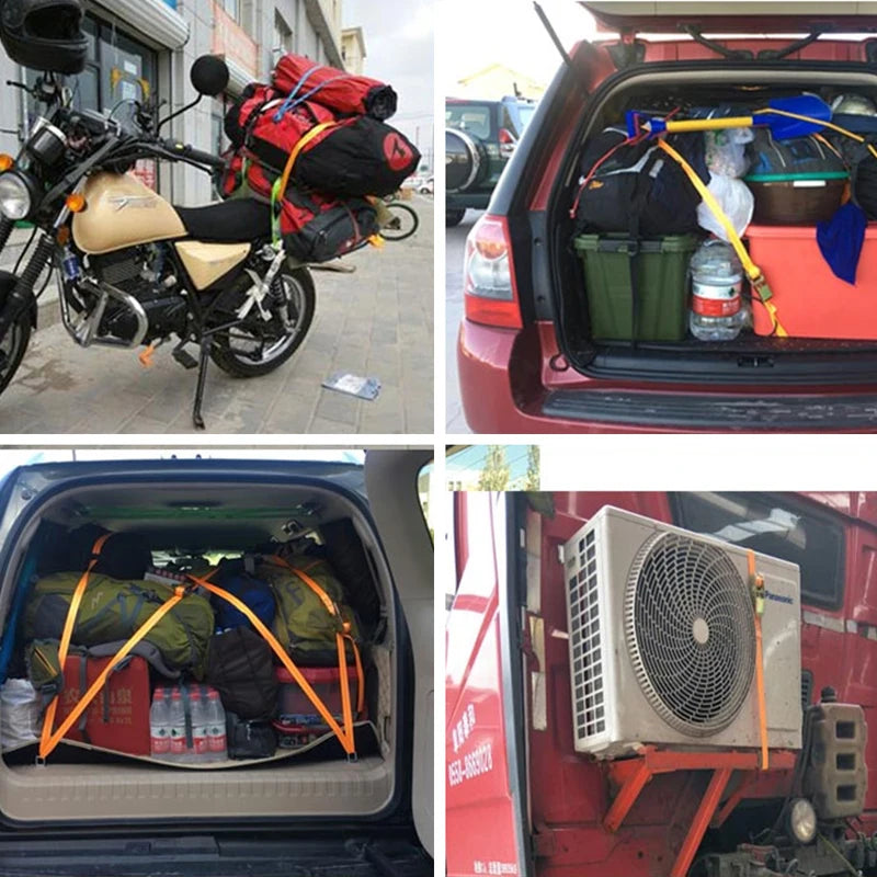Red van with attached cargo: 5M heavy-duty strap with metal buckle securing a bicycle and cooler.