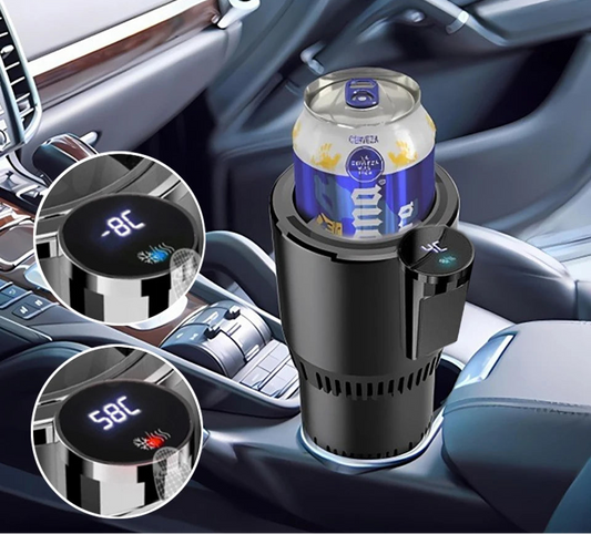 'Car cup with temperature control and display. One-click switch for heating/cooling. Fits standard cup holders.'