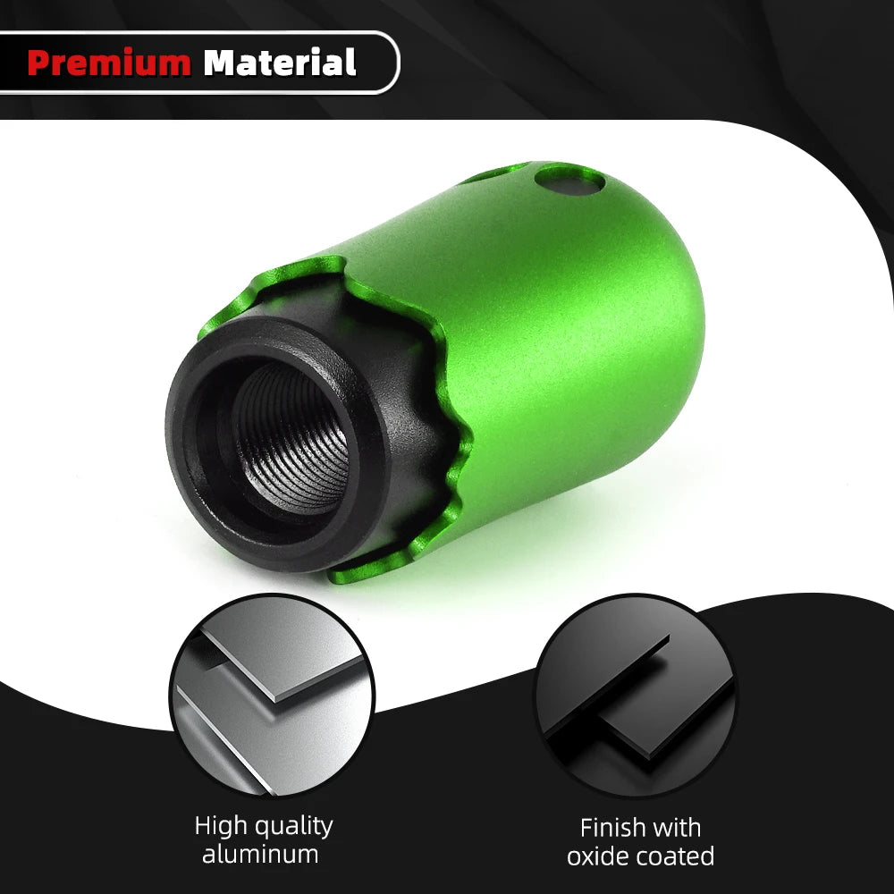 "Green anodized aluminum shift knob with M8/M10/M12 fitting and 86mm height."