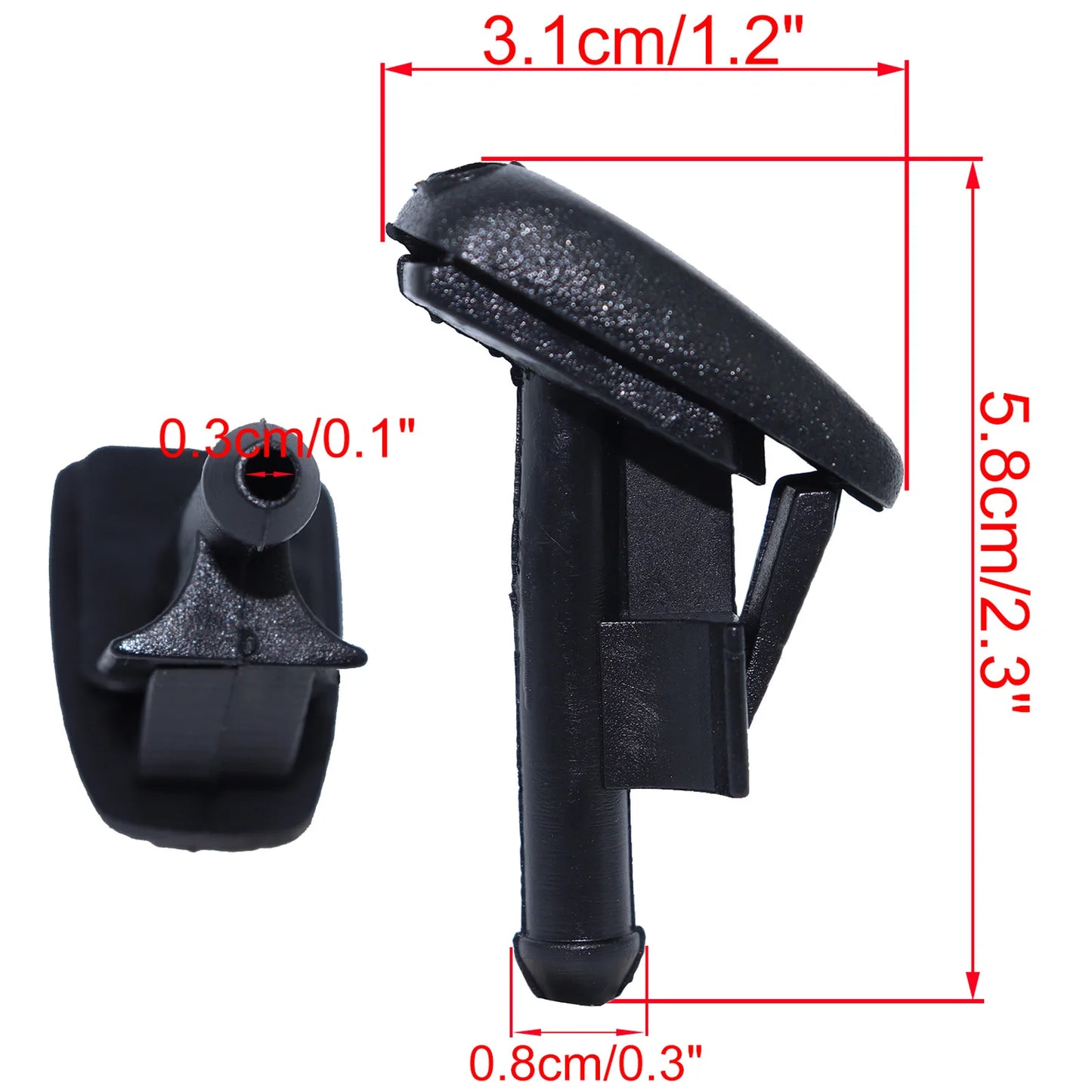 Two E36 BMW windshield washer nozzle kit spray jets for use with iPhones and select Samsung models.