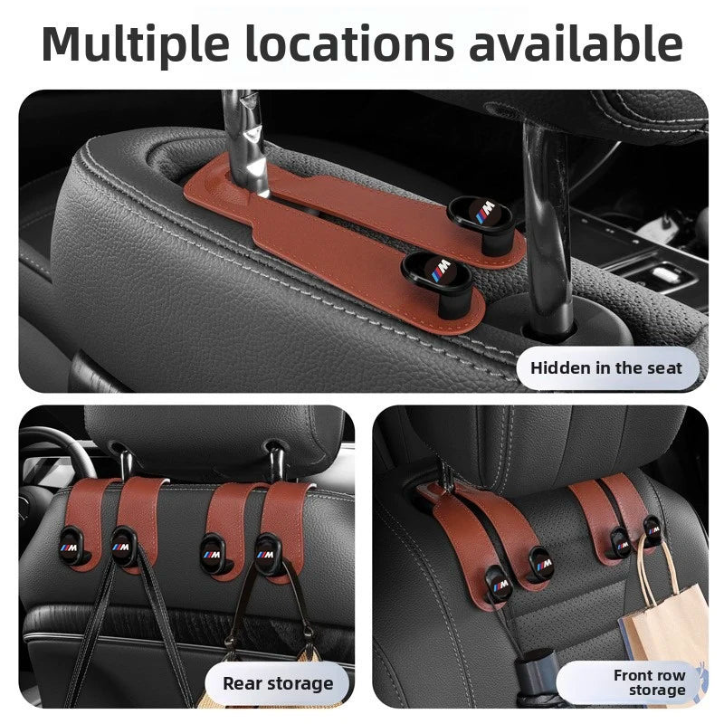 "Car Seat Headrest Hanger for BMW E36, E39, E46 models. Universal fit for various seat belt designs."