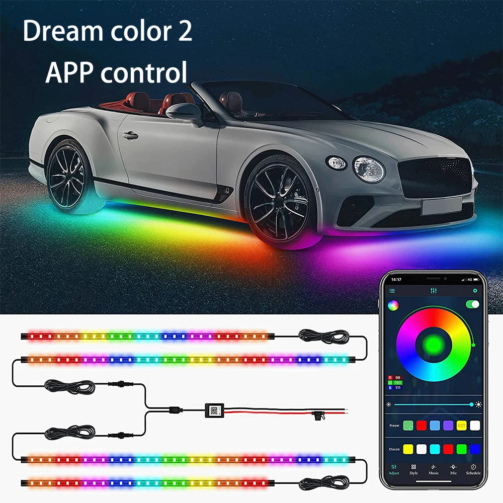 "RGB LED strip kit for cars (120x150cm), includes app and remote control."