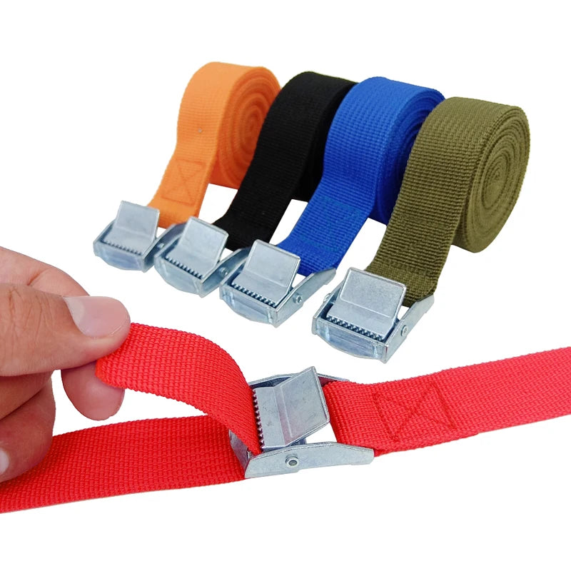 "Two heavy-duty cargo straps with metal buckles."