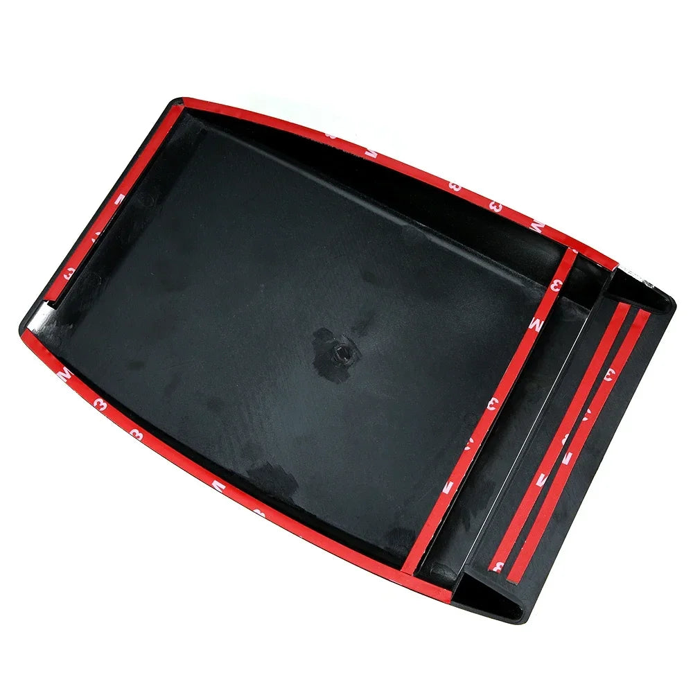 Black-and-red vinyl decal on tray, featuring red accent strip. Fits air intake hood vents. Car engine accessory. Measures app