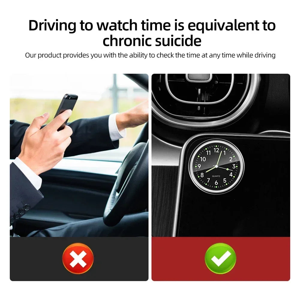 'Man checking phone inside car — near product: mini luminous car clock for dashboard.' Keep it clear and useful for accessibi