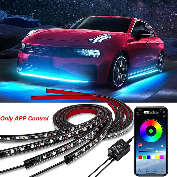 "RGB car underglow LED strip kit (120x150cm), includes app and remote control."