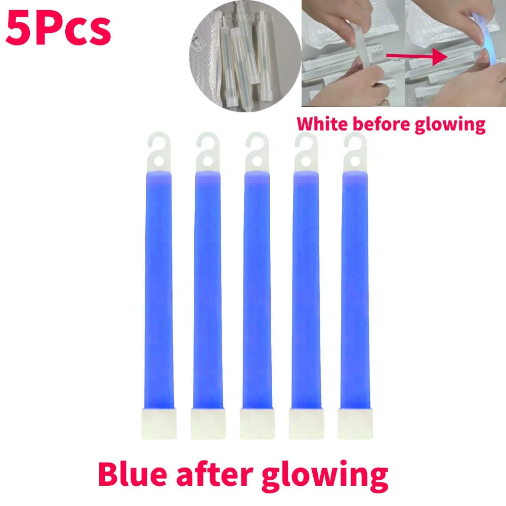 Five blue military-grade glow sticks for camping, hiking, and emergency situations in the Outdoors or Car Safety Kit.