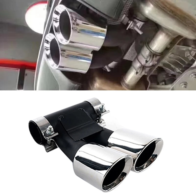 Dual outlet Porsche Cayman/Boxster exhaust tip with two connected exhaust pipes.