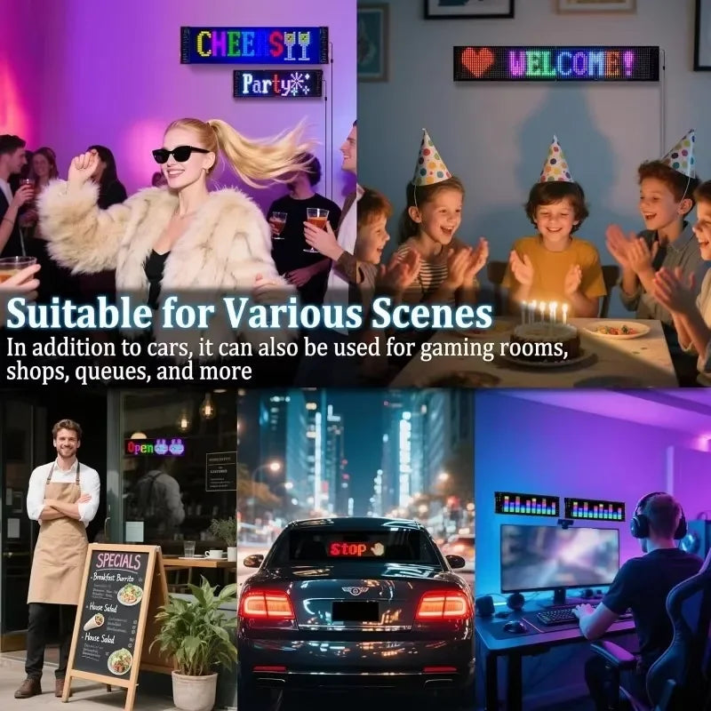 Two people interacting with a 2pc LED matrix panel, a programmable car display screen with USB connection and app control.