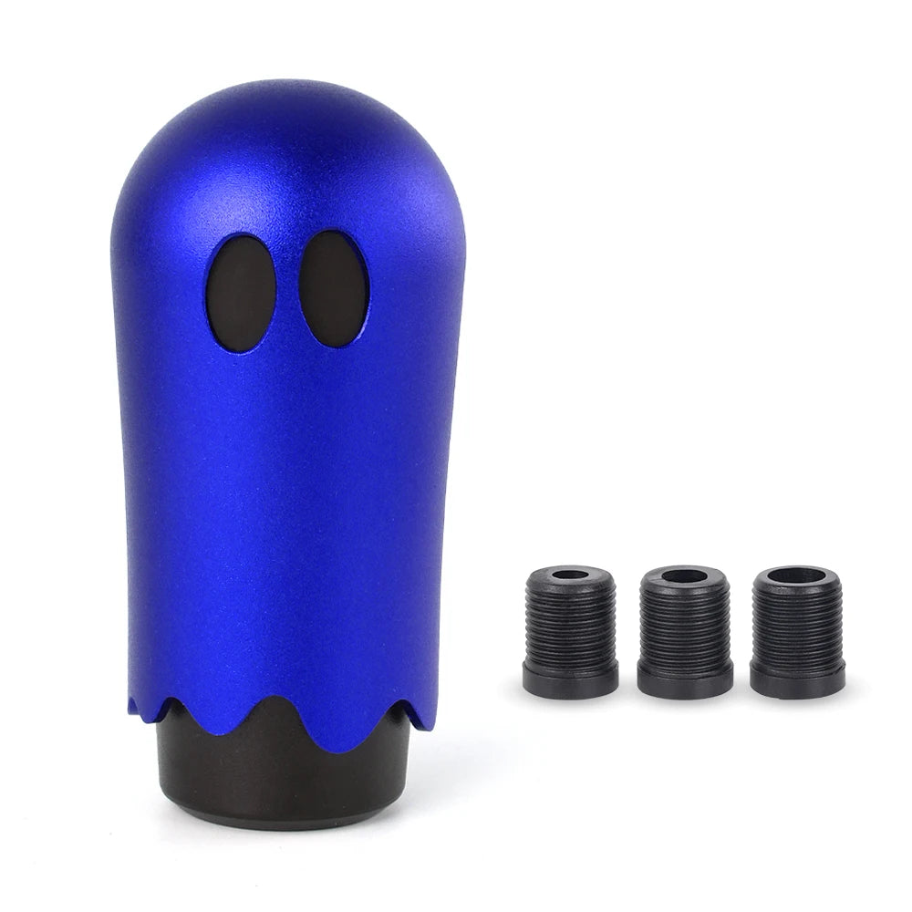 Blue JDM Ghost Gear Shift Knob. M8/M10/M12 compatible, 86mm tall. Features two black plastic caps.