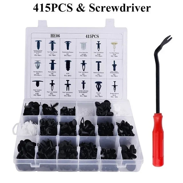 "800-piece Car Fastener Clip Kit in black plastic case: Includes various screws for trim and panel repair."