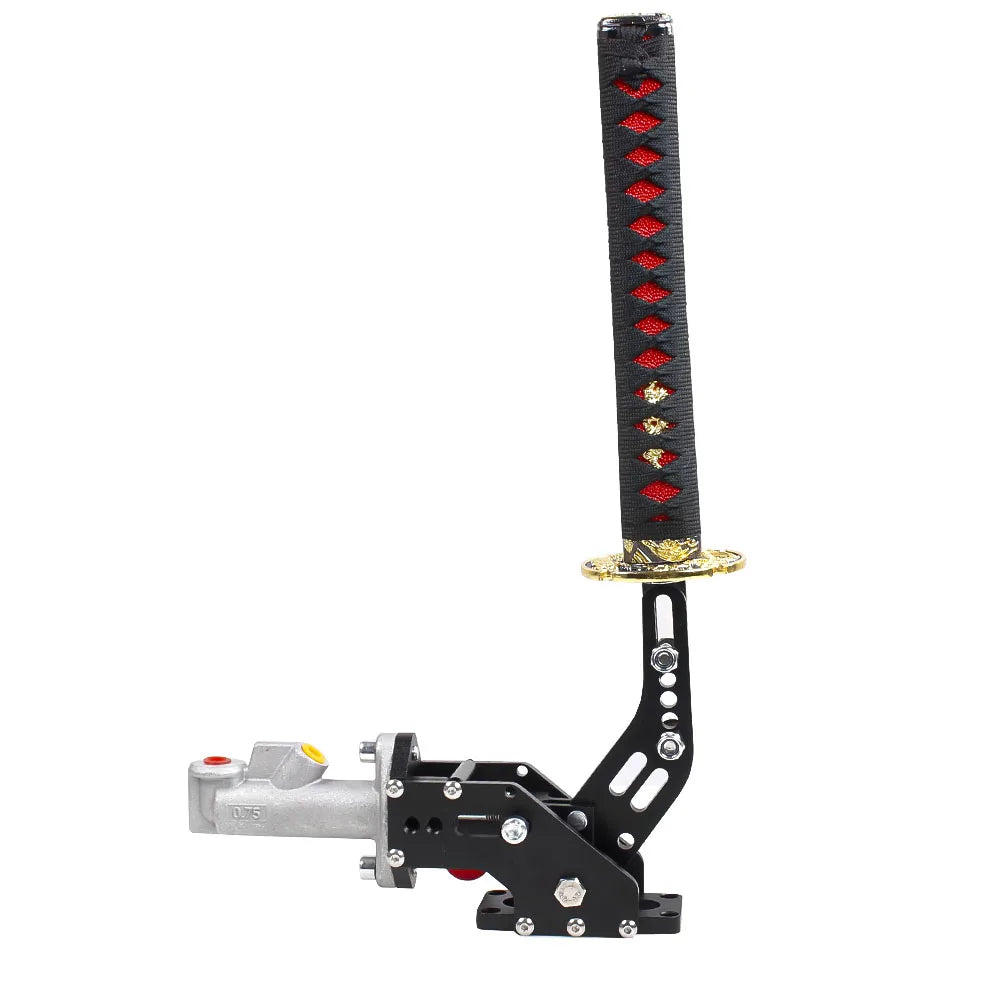 "Black and red hydraulic handbrake with illuminated lever, universal application."