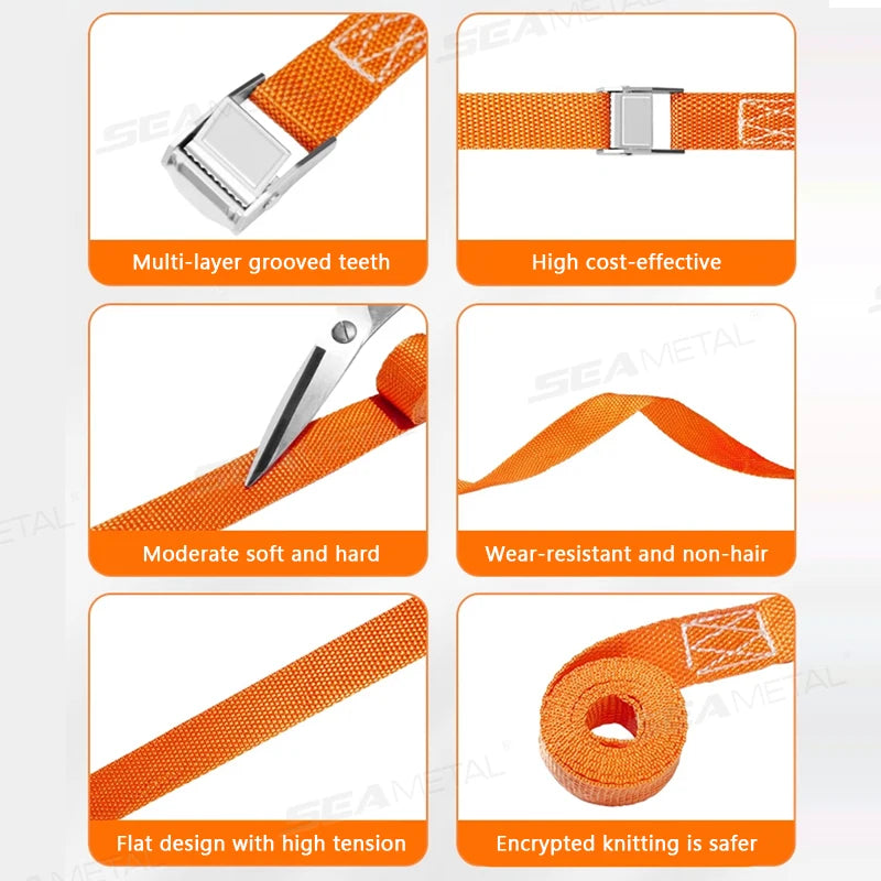 Orange reflective cargo strap, 3m/4m/6m with pressure buckle for securing luggage or car roofs.