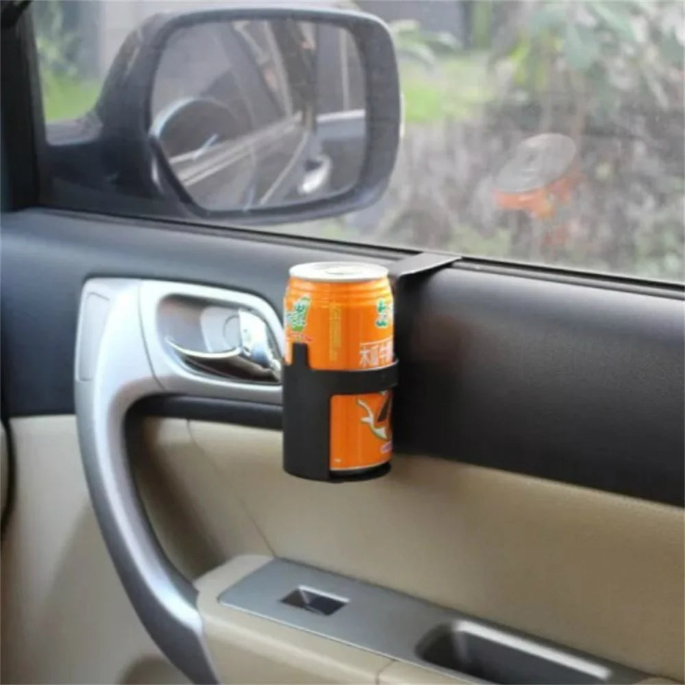 Car dashboard with portable beverage caddy mounted. Attached cup holder for on-the-go drinks in vehicle. Product scale: shows