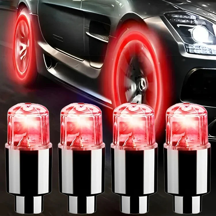 'Universal car hub LED lights: 4x red valve cap neons. Fits most vehicles for stylish night visibility.'