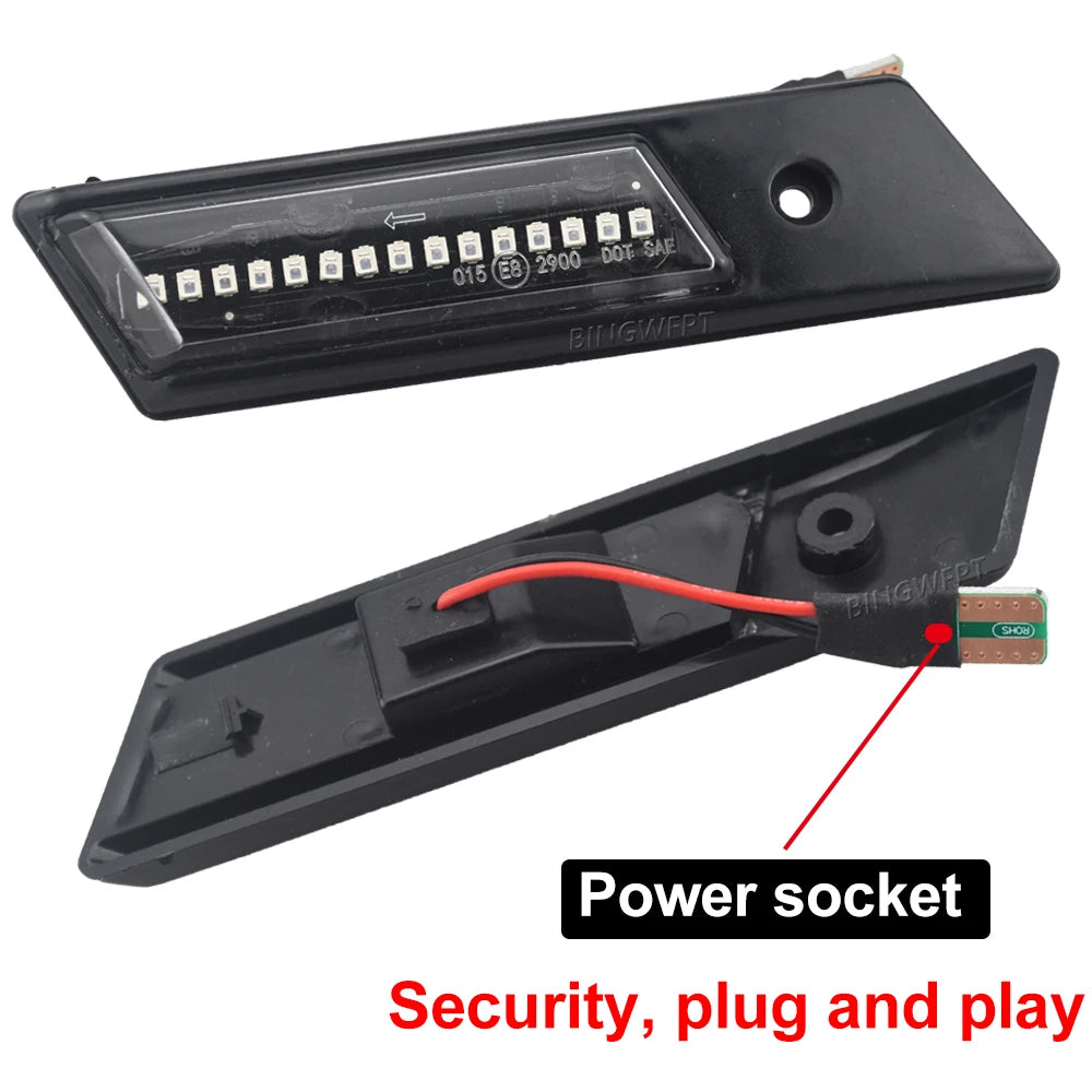 Dynamic LED Side Markers for BMW E32/E34/E36 (1990–1996), shown front and back. The rear view highlights the power socket with red wire and connector. Text: “Power socket” and “Security, plug and play.” Includes dynamic turn signal.