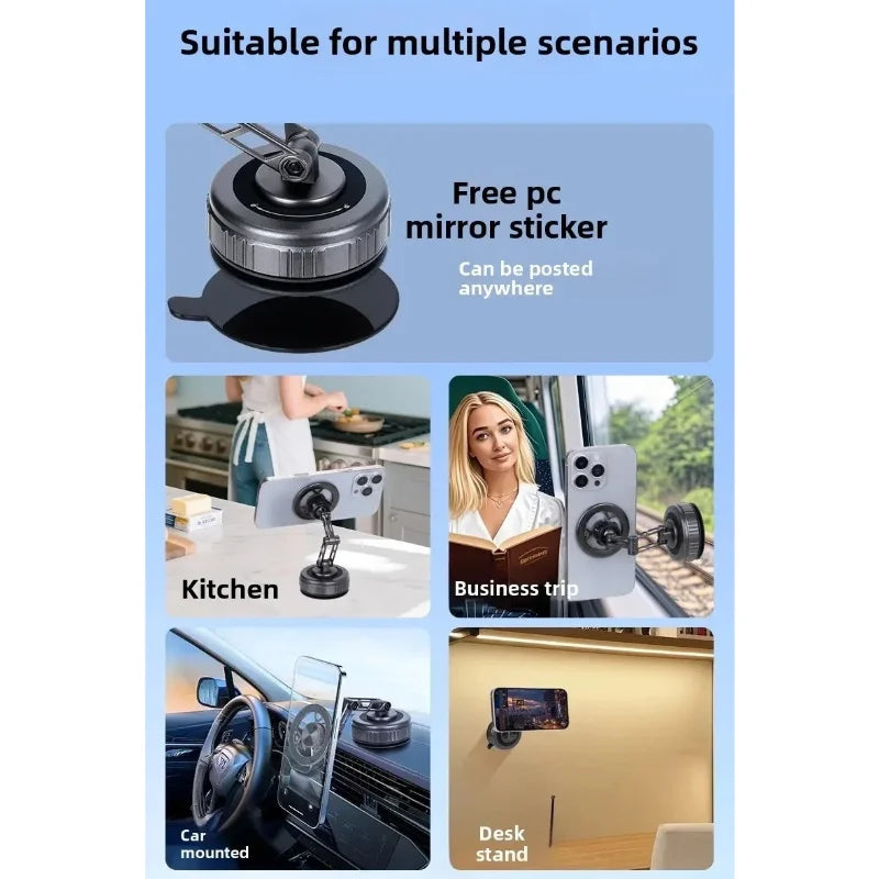 Car dashboard with magnetic phone holder — fits GPS, music, and calls. Three-axis foldable stand for 360° viewing. Universal 
