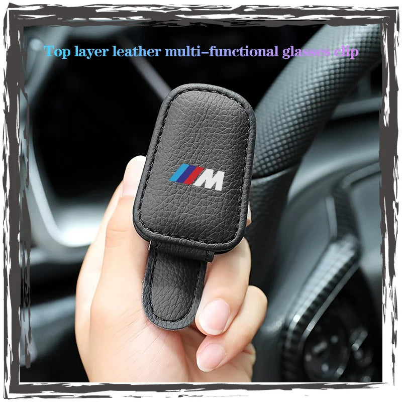 Magnetic sunglass holder in leather for BMW E36, E39, and E46 models.