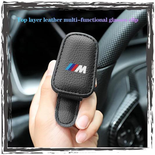 Magnetic sunglass holder in leather for BMW E36, E39, and E46 models.