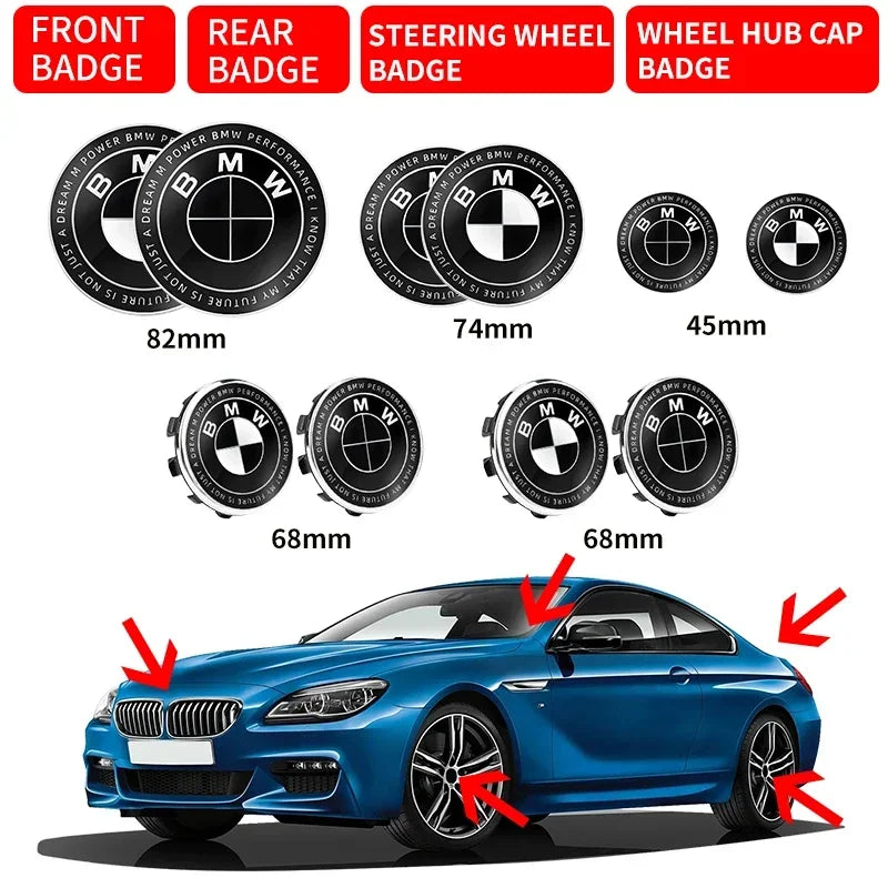 Set of 7 BMW emblem badges in various sizes (45mm-82mm) for custom BMW vehicle decoration.