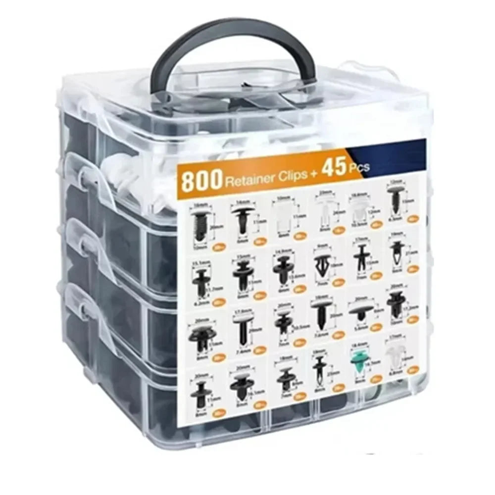"800pc Car Fastener Clip Kit: 30 unique tools in clear plastic storage box."