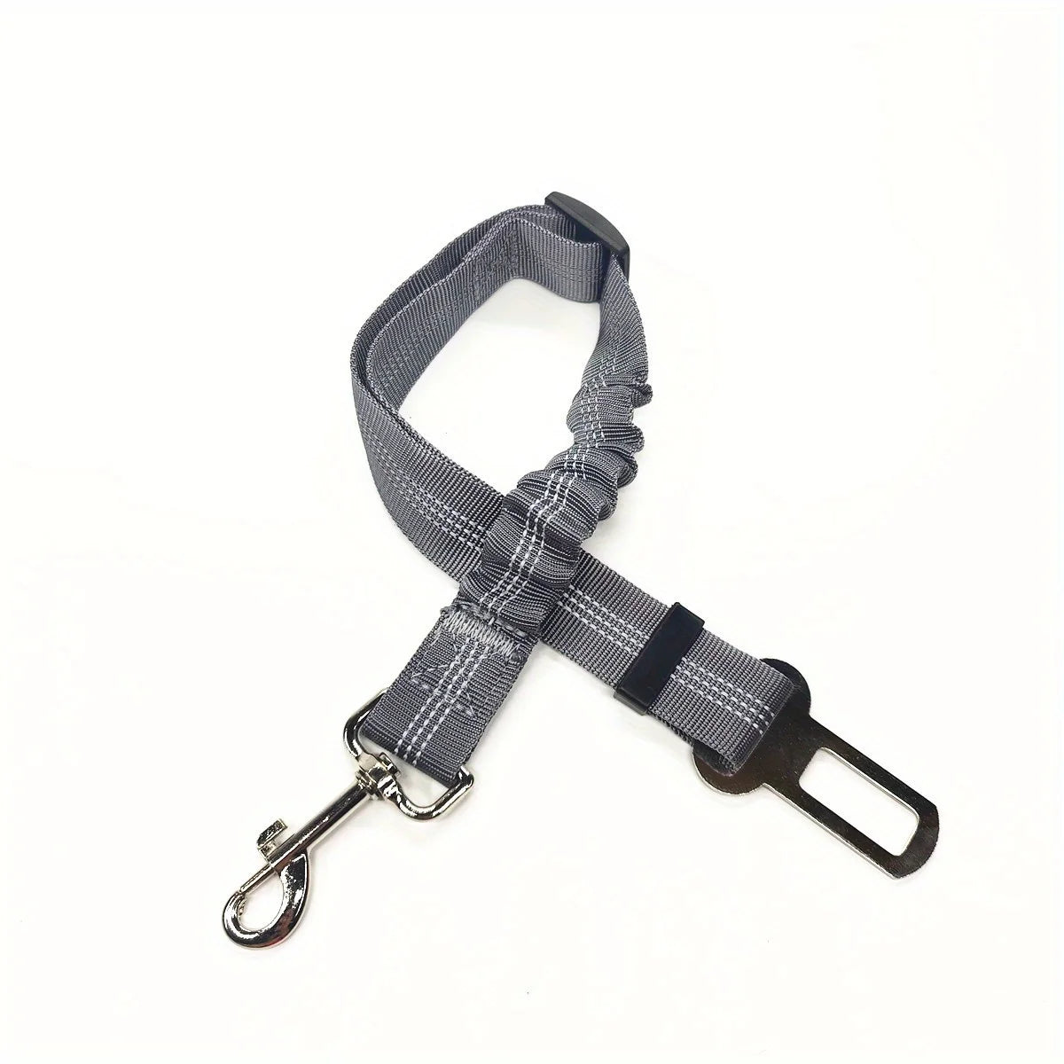 Metal-reinforced grey dog leash with hook — fits car seat belts. Suitable for small to medium pets. Product dimension: 60cm x