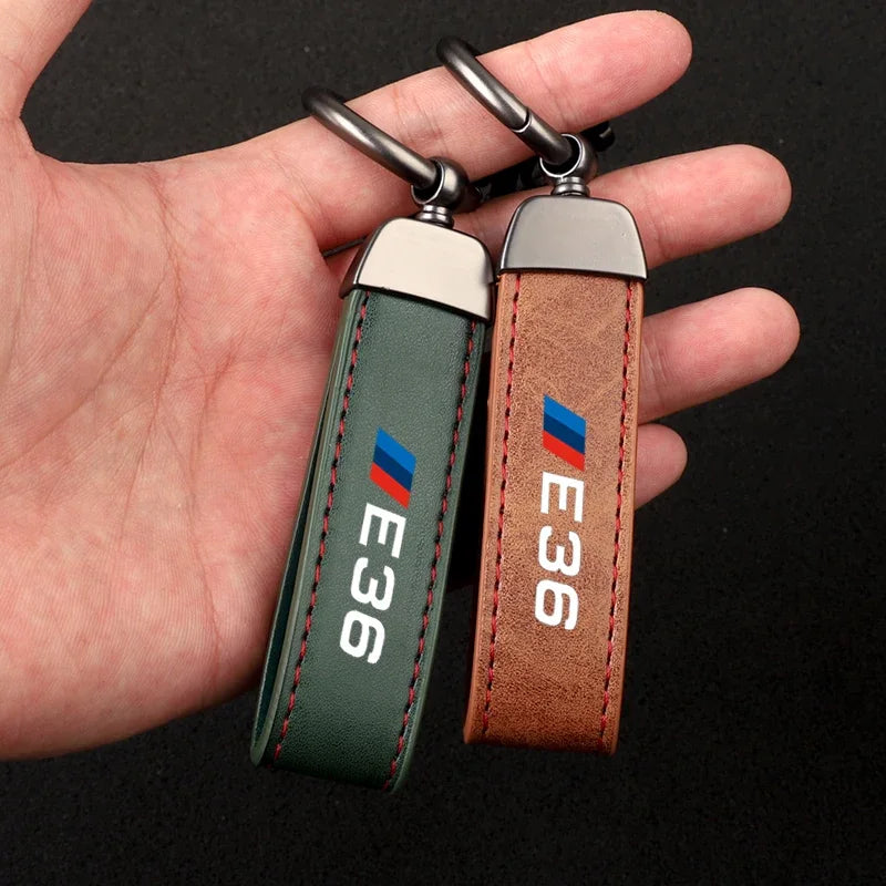 BMW logo keychain on leather lanyard, suitable for E36, E39, and E46 models.