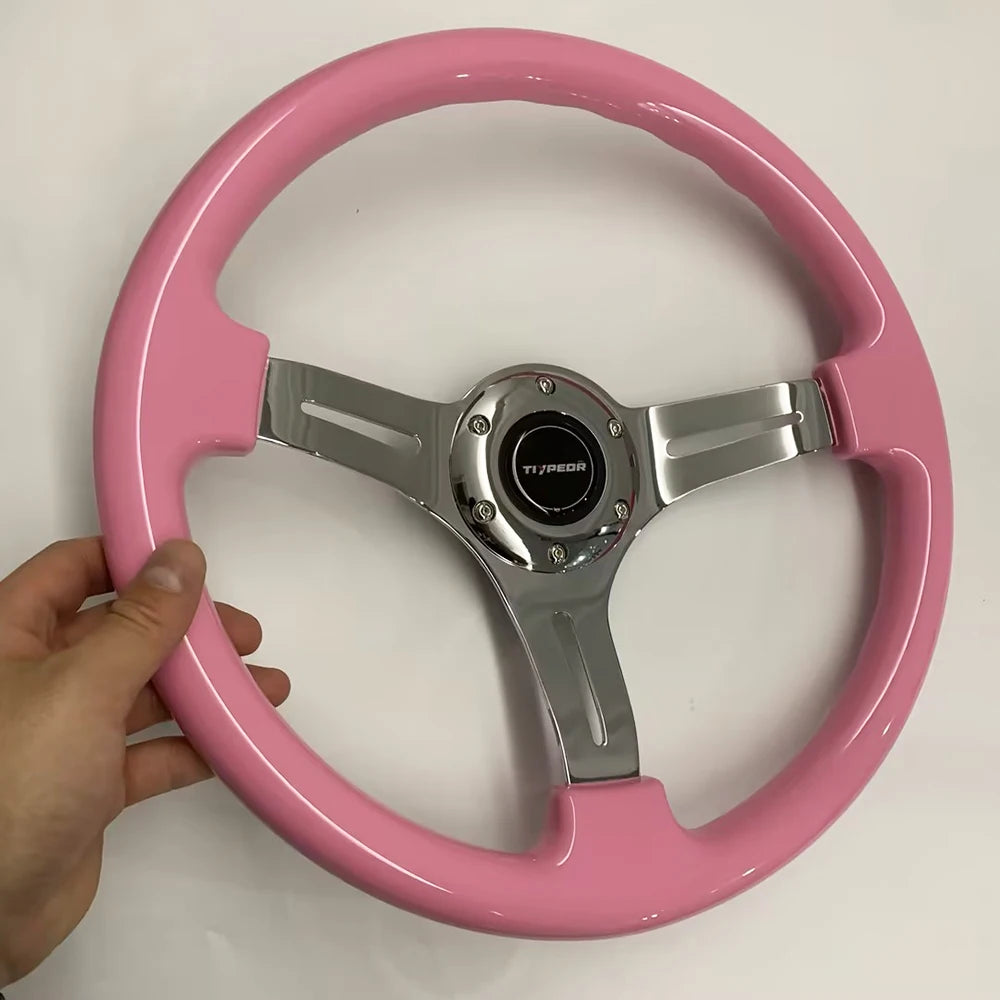 'Pink ABS steering wheel on hand (14in, aluminum alloy frame, universal fit)'