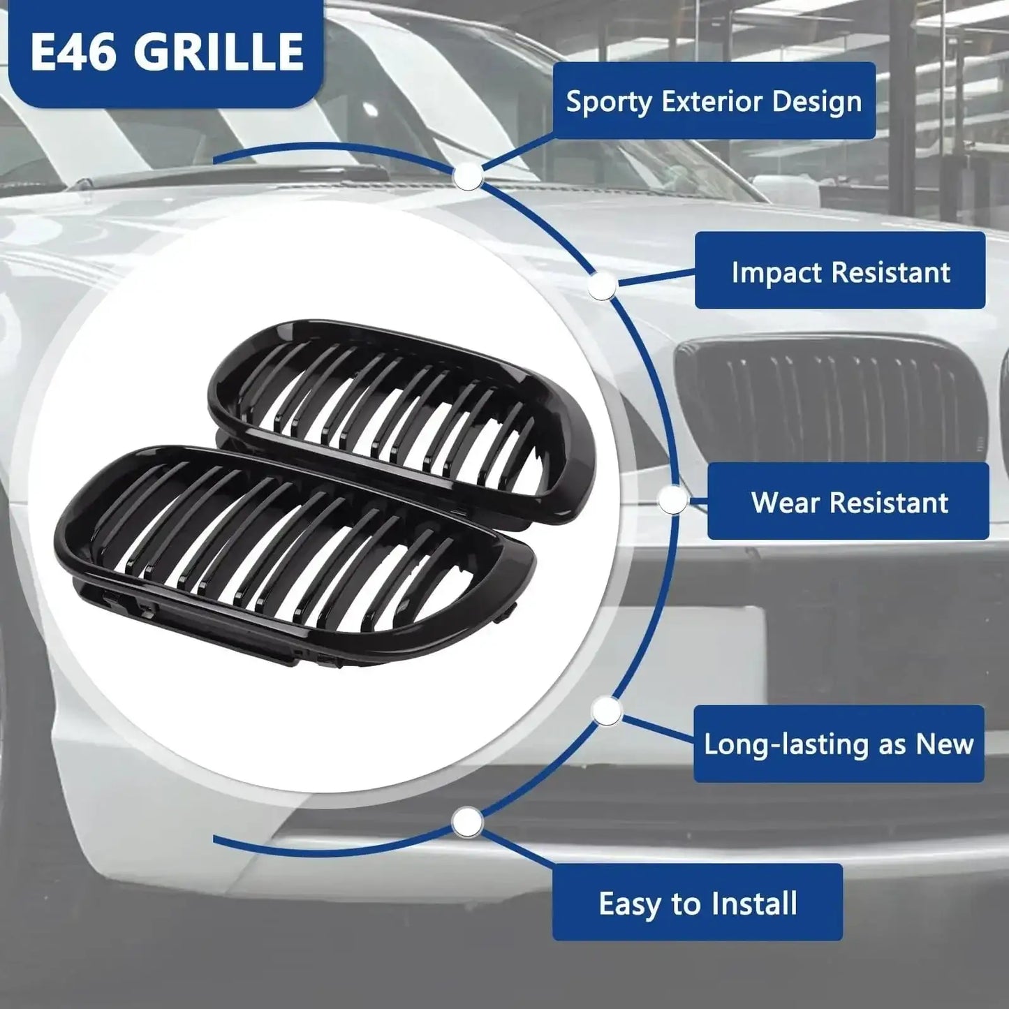 BMW E46 Kidney Grille Double Slats Black – 3 Series 2002–2005 (320i 325i 325xi 330i 330xi 4-Door) - JustUsRacers