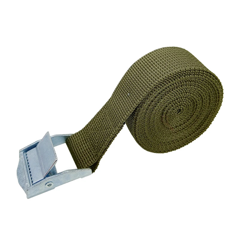 Green webbed cargo strap with metal buckle.

Or for more context:
Metal-buckled cargo strap with green webbing.