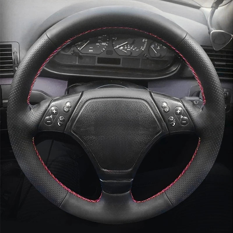 "BMW E36 E46 E39 DIY Leather Steering Wheel Cover with distinctive stitching."