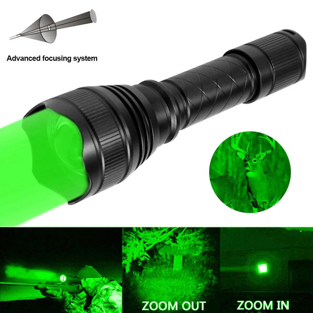 "USB-rechargeable Tactical Hunting Flashlight - Green Laser, 500-yard range."
