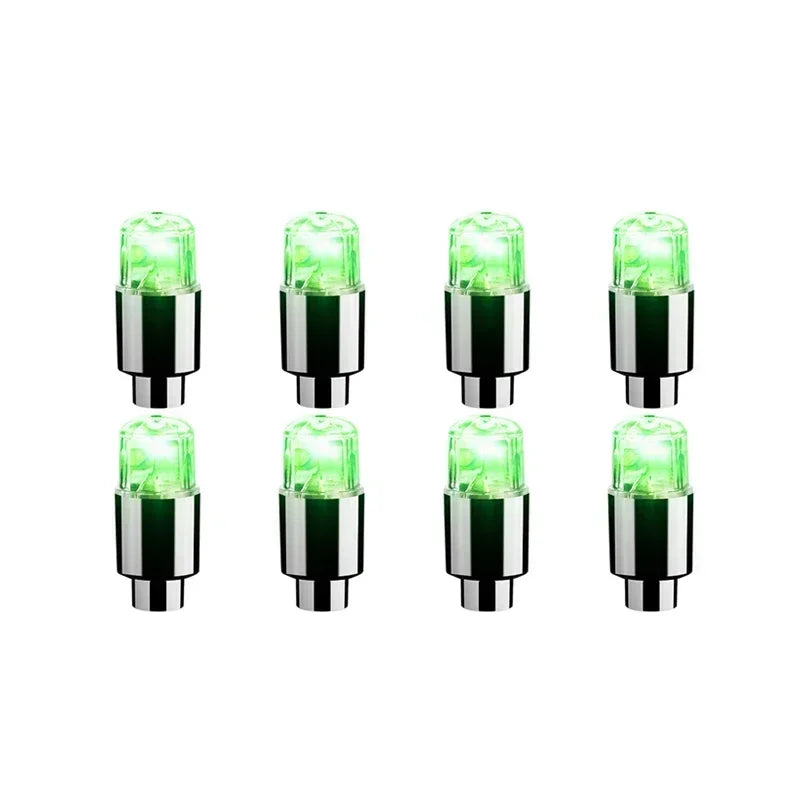 'LED wheel lights - 12-piece set with colorful green and multicolor options. Fit valves on car, bike, or motorcycle.'
