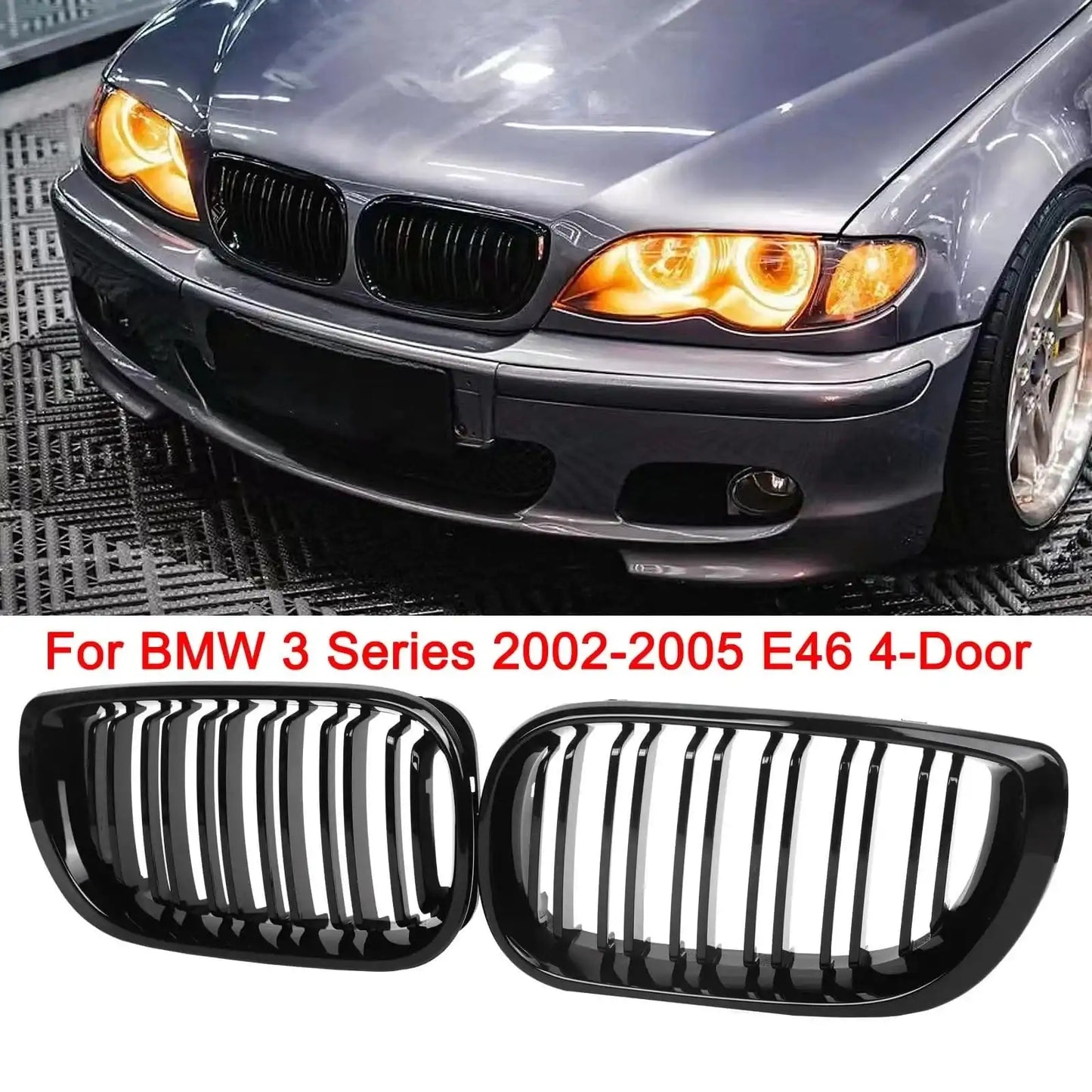 BMW E46 Kidney Grille Double Slats Black – 3 Series 2002–2005 (320i 325i 325xi 330i 330xi 4-Door) - JustUsRacers