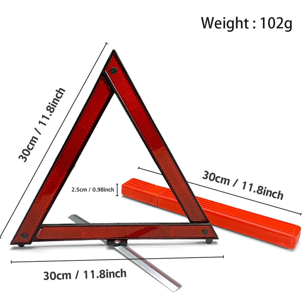 'Foldable aluminum safety triangle for road emergencies. Reflects light in all directions. Portable and durable.'