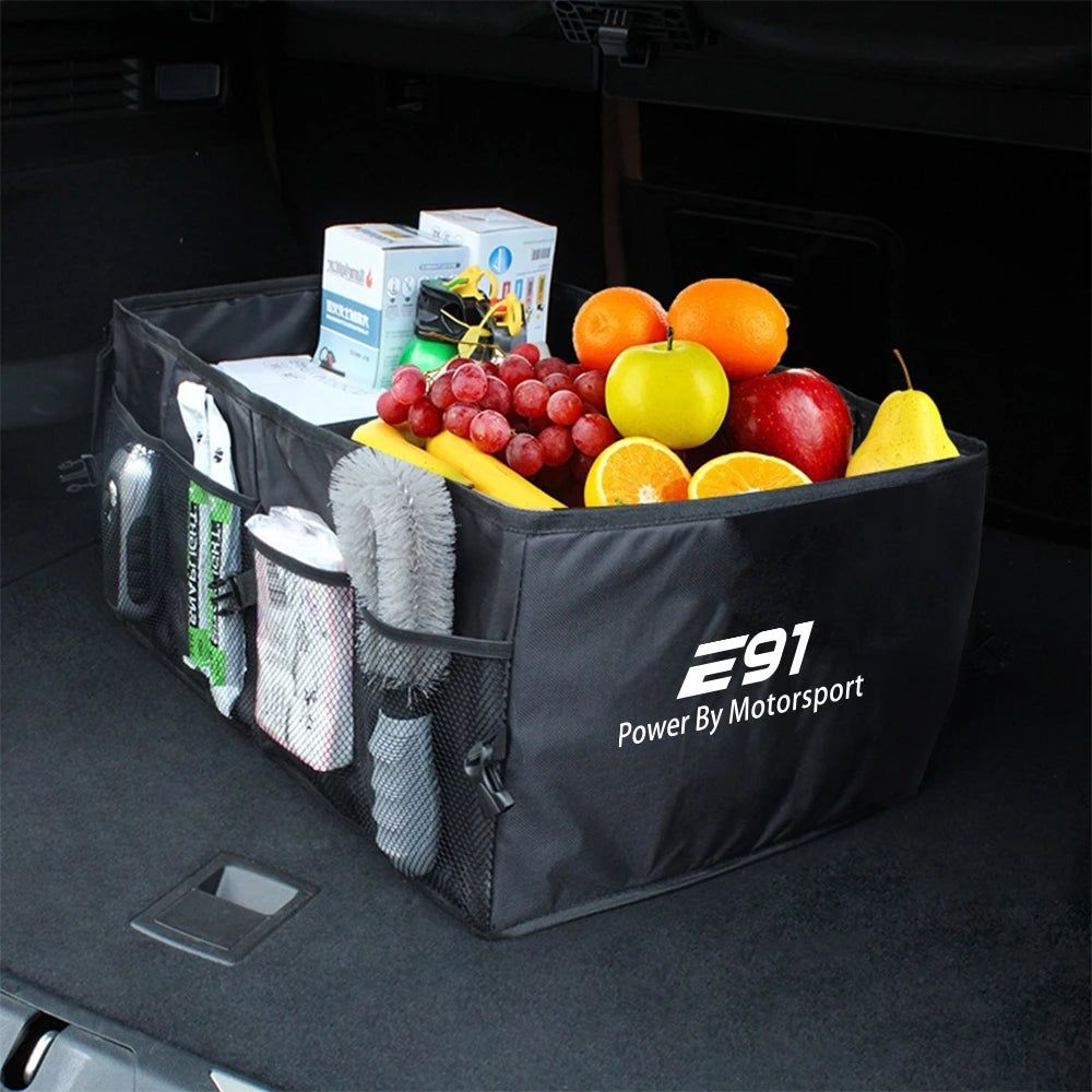 "BMW E36 E39 E46 Folding Trunk Organizer: White fabric storage box with adjustable compartments for fruits and various items.