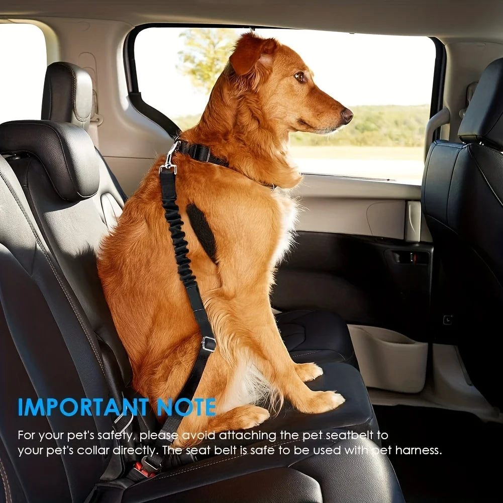 Dog sitting in car seat with adjustable pet harness, modeled but ready for your ride. Size/color fit confirmed before shippin