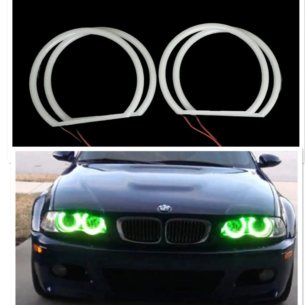 Four pieces of BMW E36/E39 131mm LED Halo Rings in white and amber for coupe models.