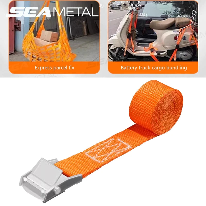 "3m/4m/6m zinc alloy cargo strap for securing luggage or roof-top items on a car, featuring a pressure buckle."