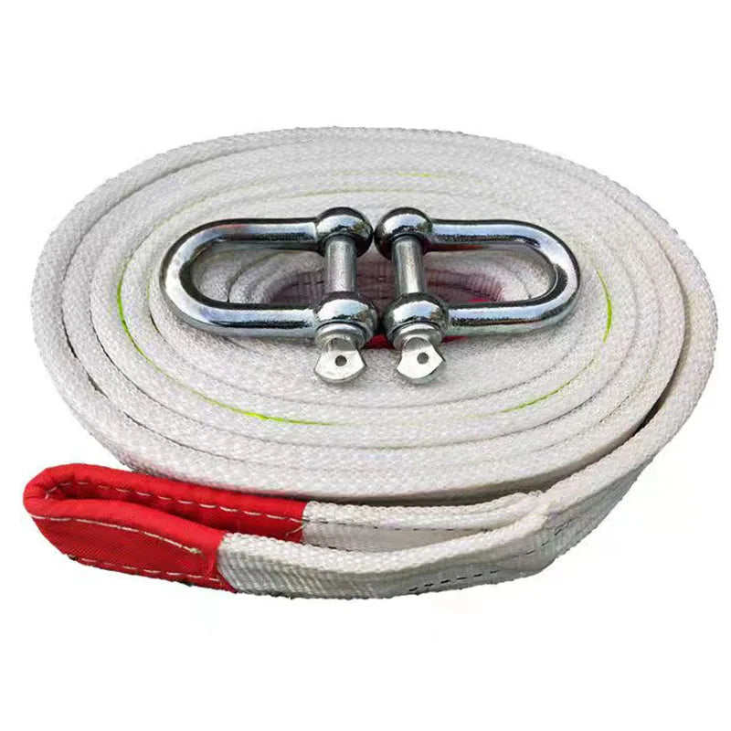 Heavy-duty car rescue rope with red hook.

or

White rope with red hook for emergency towing.