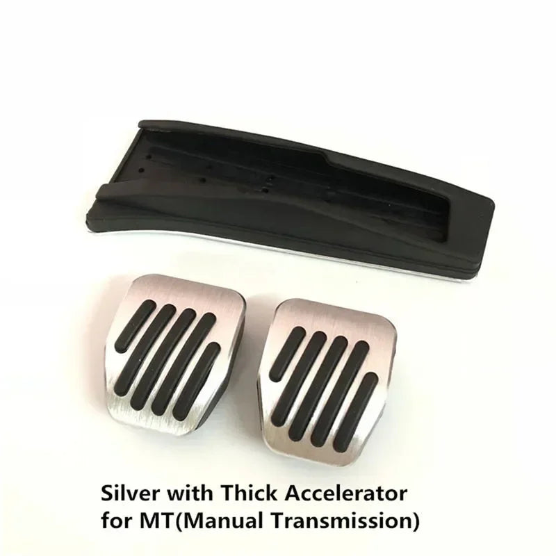"Aluminum pedal covers in silver and black for BMW E30, E36, E46, E90, and M3 models."