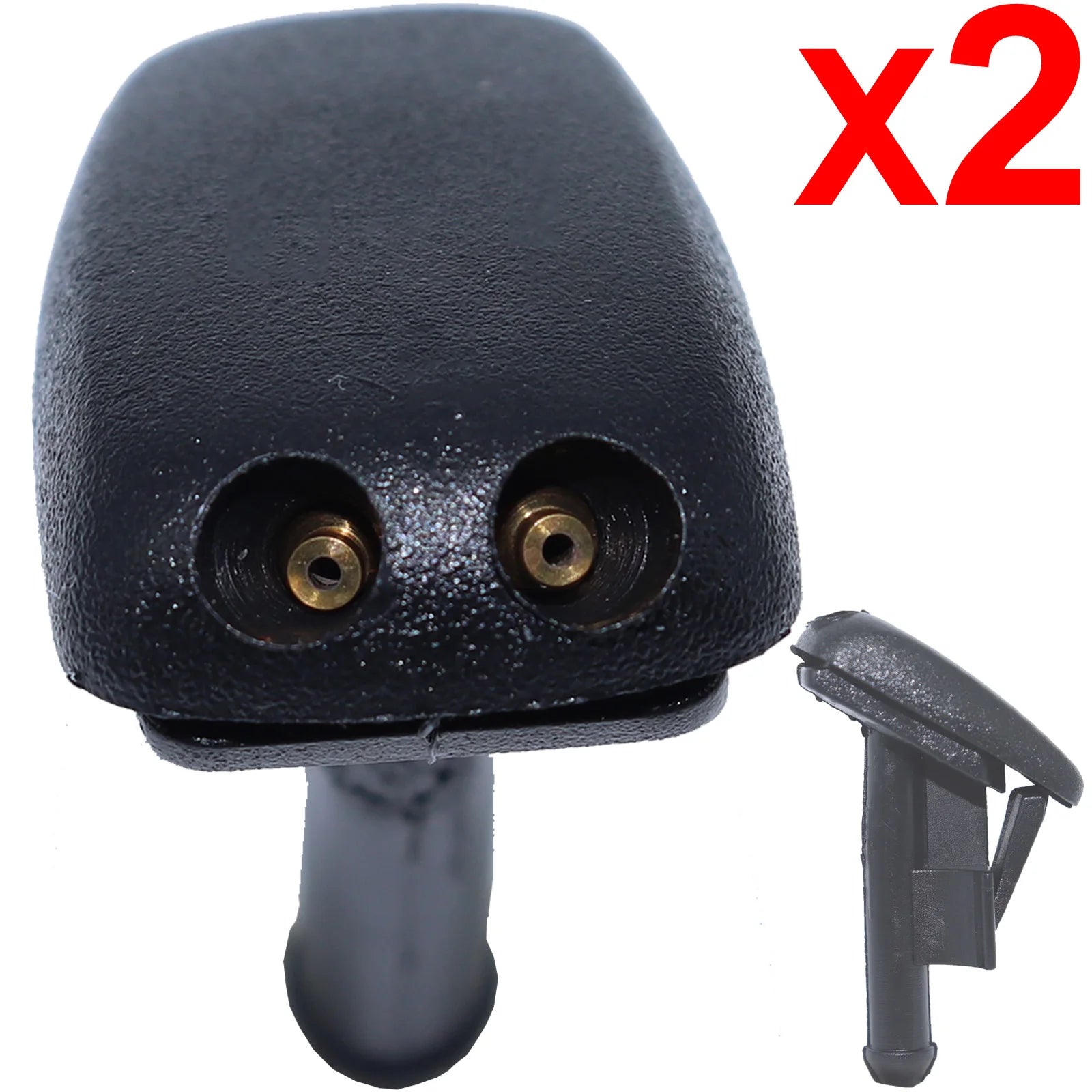 Two black BMW door handle nozzles for E36 Windshield Washer Kit.