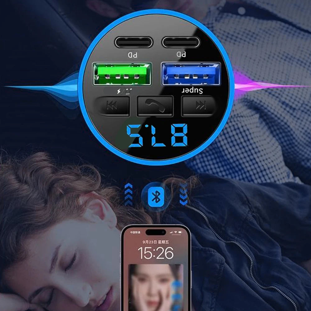 Person resting with phone near hand. Bluetooth FM transmitter car charger shown nearby. Compatible accessory for hands-free c