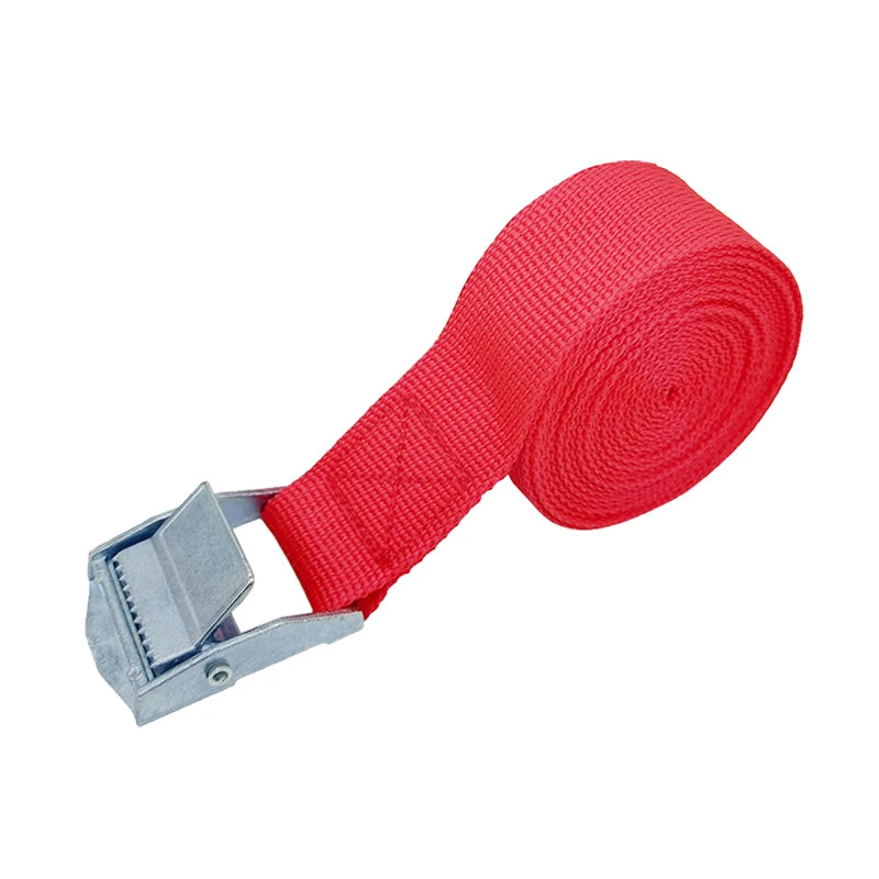 "Red cargo strap with metal buckle. Heavy-duty accessory for securing items in cars, motorcycles, bikes, luggage, and hauling
