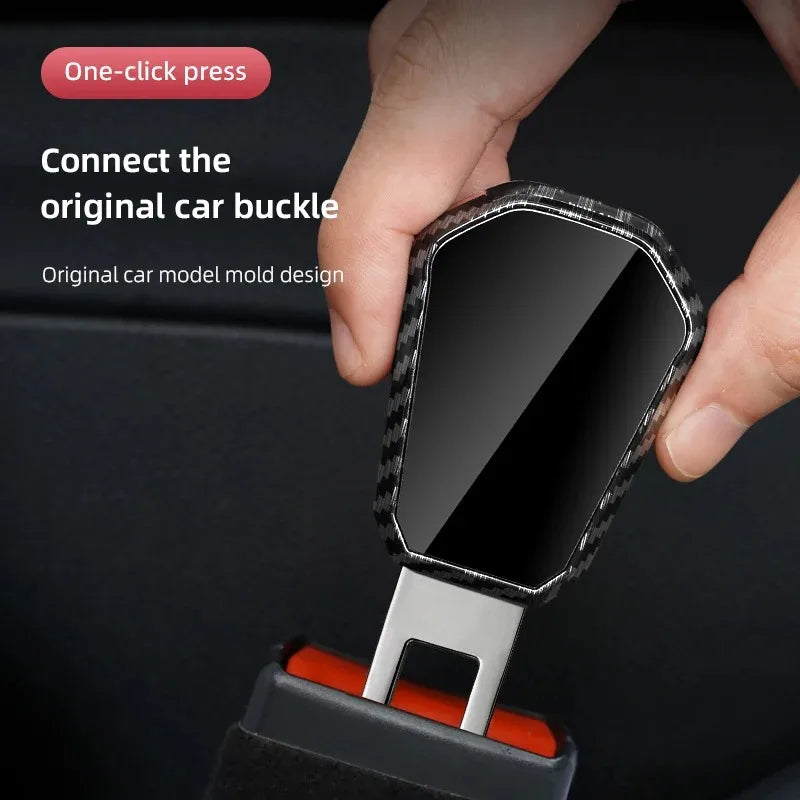 Metal belt extender clip with auto buckle—fits phones up to 90mm wide. Enhances seat belt safety for driver or passenger. Dim