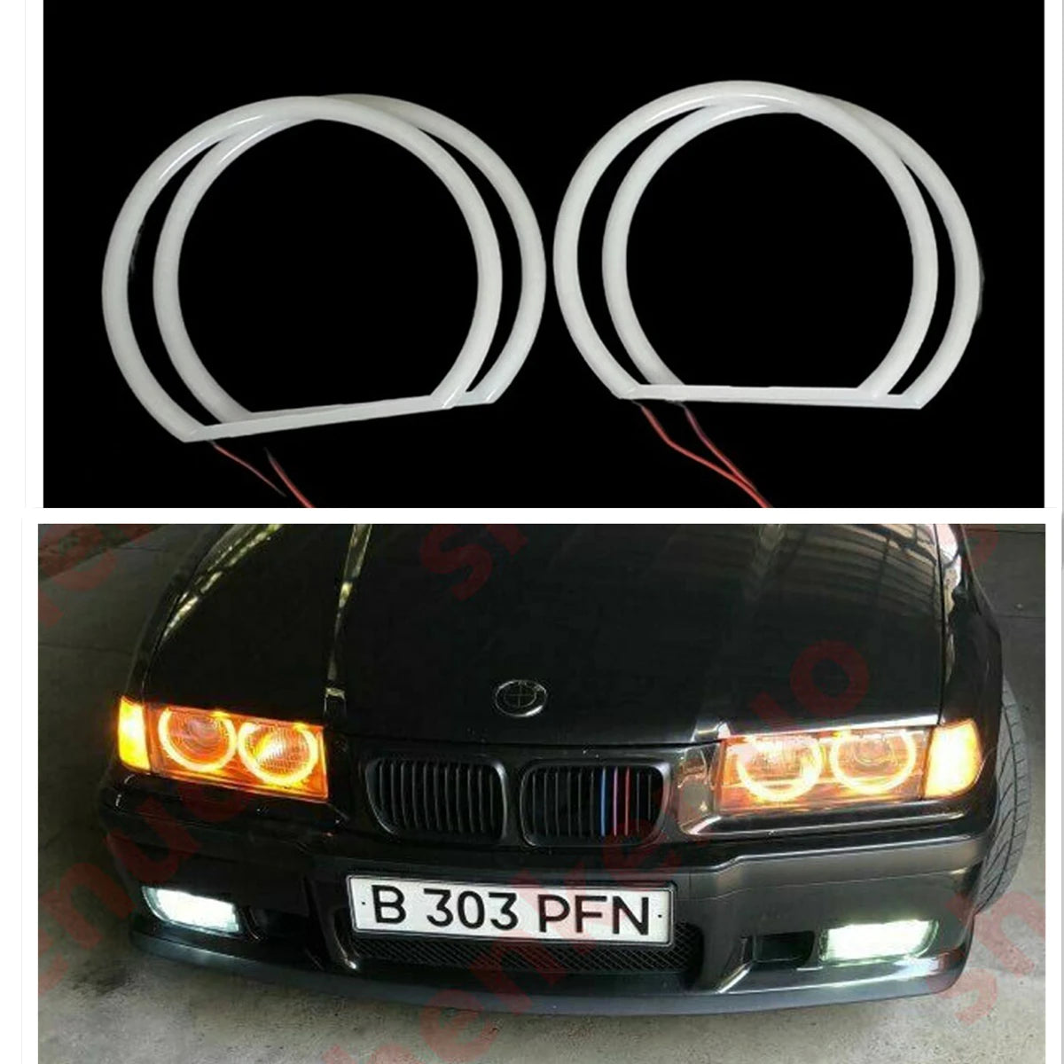 Four set of BMW E36/E39 131mm LED Halo Rings in white and amber for Coupes.