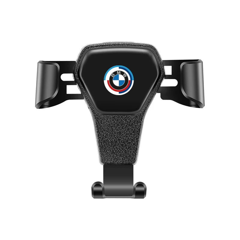 BMW-branded phone holder with visible logo at the mount's base.